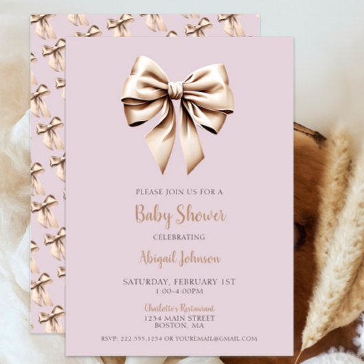 Elegant Beige Coquette Bow Baby shower Kaart