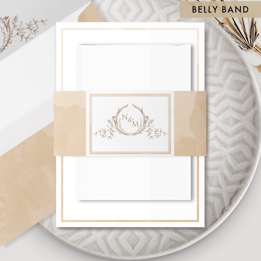 Elegant Beige Cream Waterverf, Monogram Wedding Uitnodigingen Wikkel