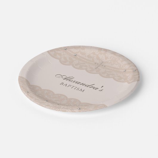 Elegant Beige Cross Christening Christian Baptism Papieren Bordje (Gekanteld)