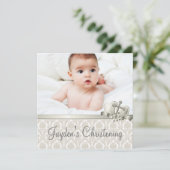 Elegant Beige Damask Boys Fotodoop Kaart (Staand voorkant)