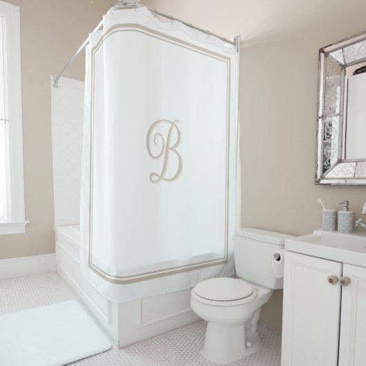 Elegant Beige Double Border Script Monogram Douchegordijn (In situ)