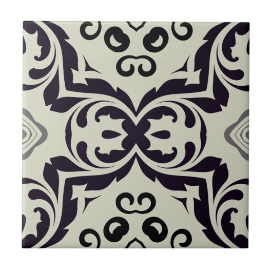 Elegant Beige en Black Damask Pattern Tegeltje (Voorkant)