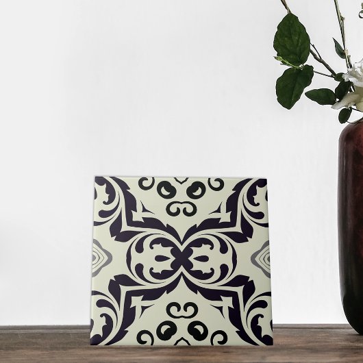 Elegant Beige en Black Damask Pattern Tegeltje