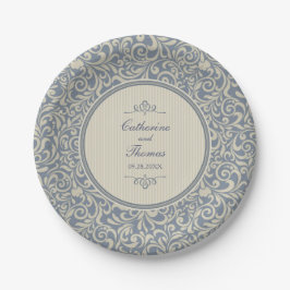 Elegant Beige en Blue Baroque Pattern Wedding Papieren Bordje