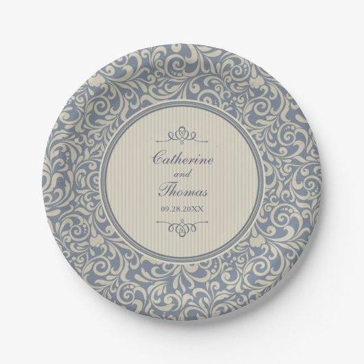 Elegant Beige en Blue Baroque Pattern Wedding Papieren Bordje (Voorkant)