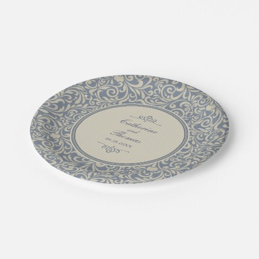 Elegant Beige en Blue Baroque Pattern Wedding Papieren Bordje (Gekanteld)