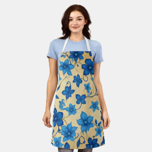 Elegant Beige en Blue Floral Schort voor Keuken