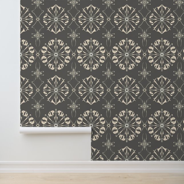 Elegant Beige en Grijze Bloemen Geometrisch Ontwer Behang (Applicatie)