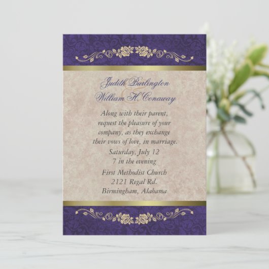 Elegant Beige en Paarse huwelijksuitnodiging Kaart (Staand voorkant)