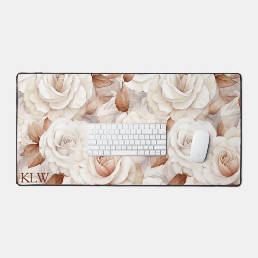 Elegant Beige en Roest Rozen Monogram Bureaumat (Keyboard & Muis)