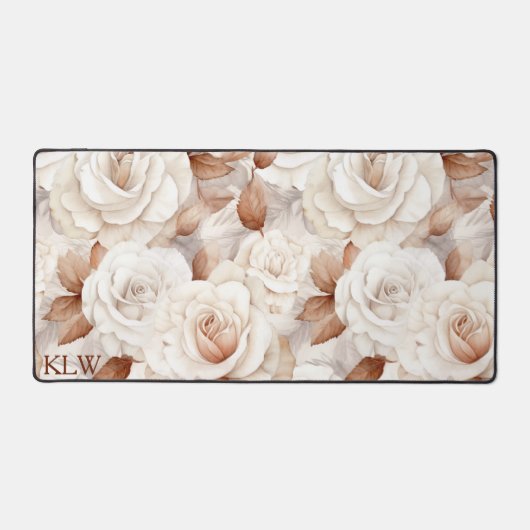 Elegant Beige en Roest Rozen Monogram Bureaumat (Voorkant)