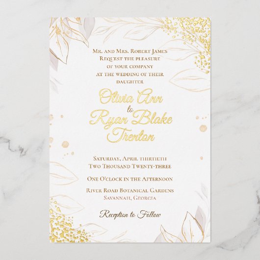 Elegant Beige Floral Folie Wedding Uitnodiging (Voorkant)