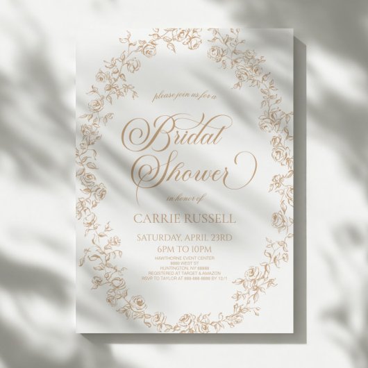 Elegant Beige Floral Roses Line Art Bridal Shower Kaart