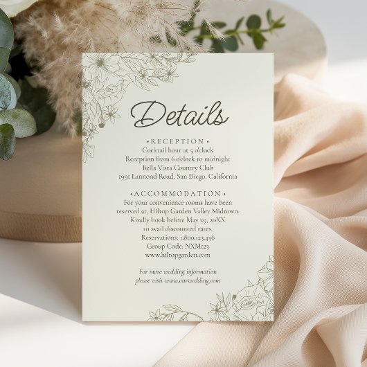 Elegant Beige Floral Script Wedding Details Informatiekaartje