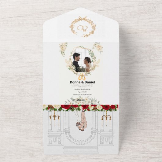 Elegant Beige Floral Wedding Invitation All In One Uitnodiging (Buitenkant)