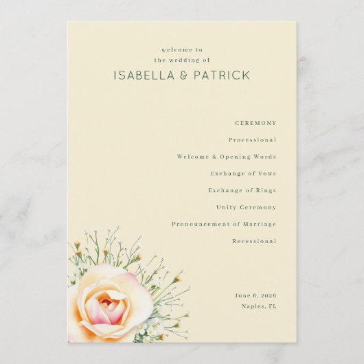 Elegant Beige Floral Wedding Programmakaart (Voorkant)