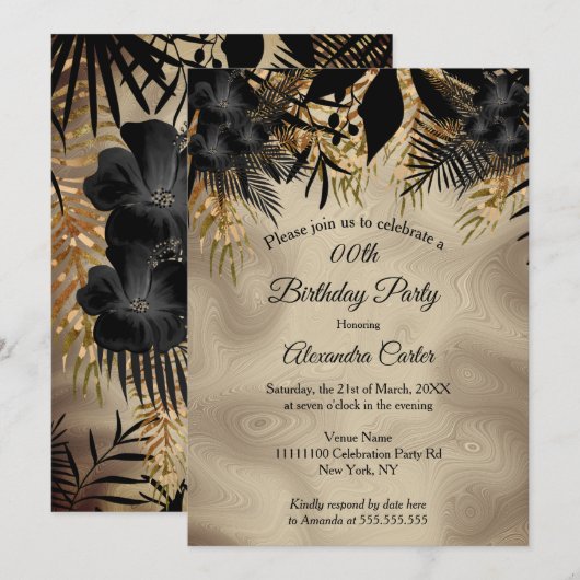 Elegant Beige Gold Black Floral Birthday Party Kaart (Voorkant / Achterkant)