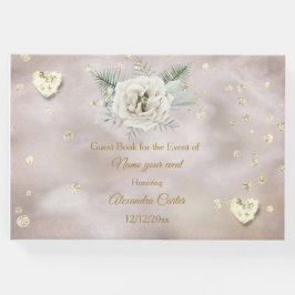 Elegant Beige Gold White Rose Hearts Roos Bloemen Gastenboek