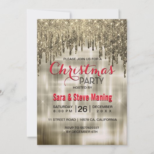 Elegant beige goud druppelen glitter kerst kaart (Voorkant)