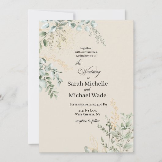 Elegant Beige Greenery Wedding Invitation Kaart (Voorkant)