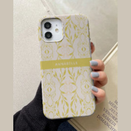 Elegant Beige Groen Bloemmotief Persoonlijk Case-Mate iPhone 14 Hoesje
