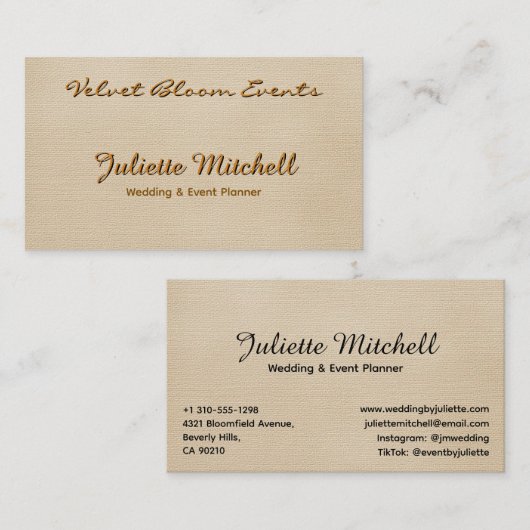 Elegant Beige Linen Event & Wedding Planner Card Visitekaartje (Voorkant / Achterkant)