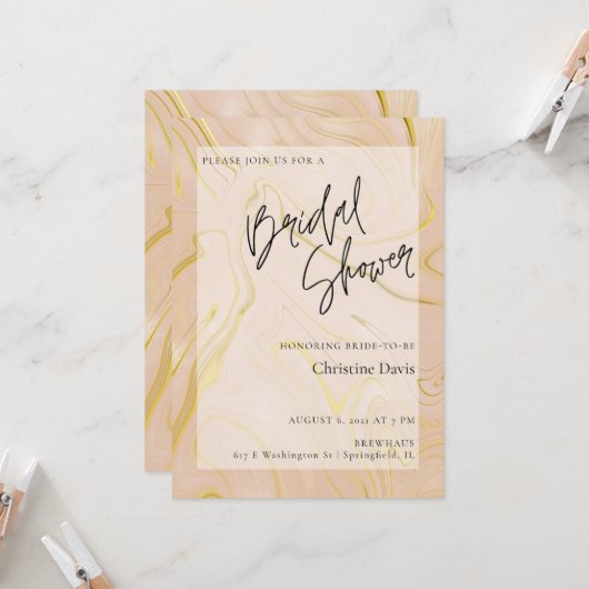 Elegant Beige Marble Gold Bridal Shower-uitnodigin Kaart (Voorkant / Achterkant in situ)