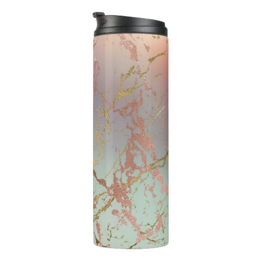 Elegant Beige Marmer | Mint Sage Green Roos Gold Thermosbeker (Geroteerd rechts)