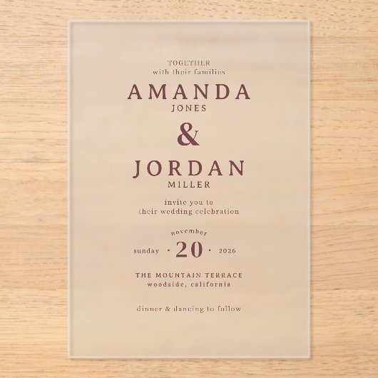 Elegant Beige Minimalist Wedding Invitation Acryl Uitnodigingen (Voorkant)