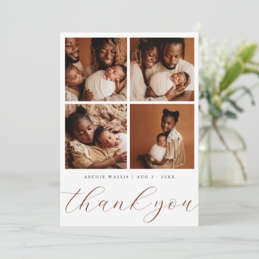 Elegant Beige Modern 4 Photo Collage Baby Shower Bedankkaart (Staand voorkant)