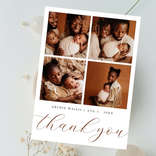 Elegant Beige Modern 4 Photo Collage Baby Shower Bedankkaart