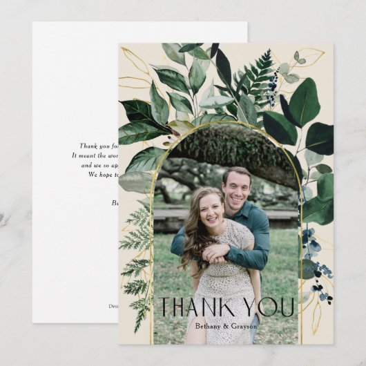 Elegant beige Moderne boogblad foto bruiloft Bedankkaart (Voorkant / Achterkant)