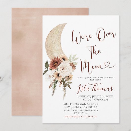 Elegant Beige Over the Moon Baby shower Invitation Kaart (Voorkant / Achterkant)