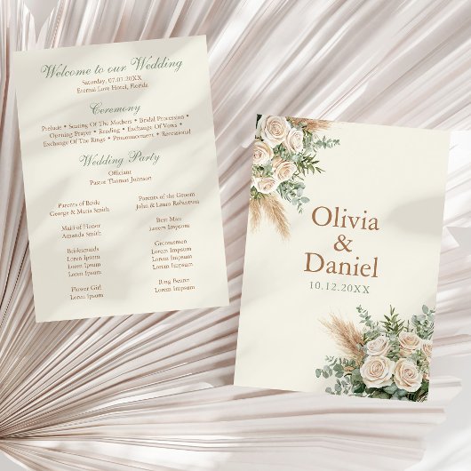 Elegant Beige Pampas & Roze Huwelijksprogramma Programmakaart