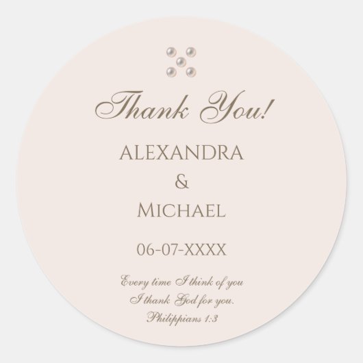 Elegant Beige Pearl Christian Wedding Thank You Ronde Sticker (Voorkant)
