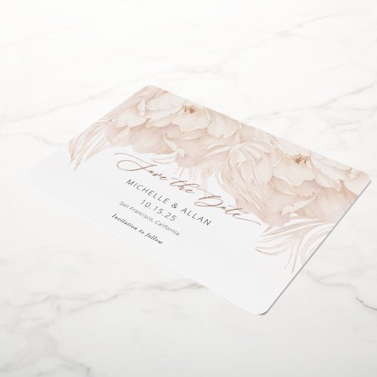 Elegant beige peony bruiloft, behalve datumkaarten folie uitnodiging (Gedraaid)