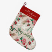 Elegant Beige & Red Birds Doves floreel patroon Grote Kerstsok (Voorkant (Hangend))