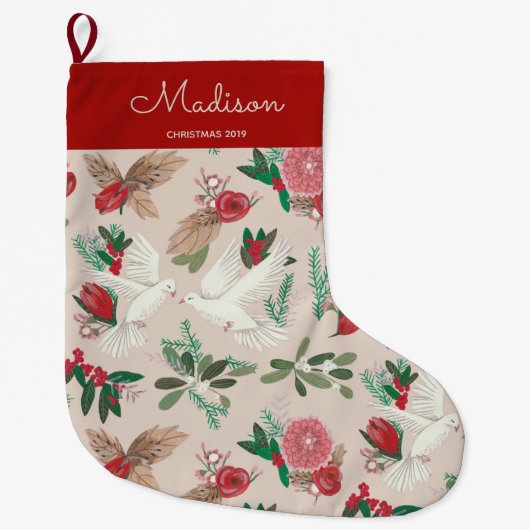 Elegant Beige & Red Birds Doves floreel patroon Grote Kerstsok (Voorkant)