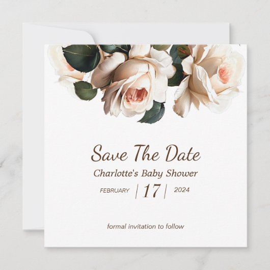 Elegant Beige Roos Meisje Baby shower Save The Date (Voorkant)