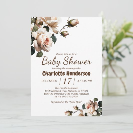 Elegant Beige Roos Meisje Baby shower Uitnodiging (Staand voorkant)