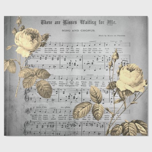 Elegant  Beige Roos op Antiek Muziekblad Cadeaupapier (Vlak)