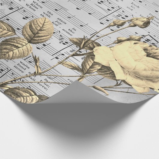 Elegant  Beige Roos op Antiek Muziekblad Cadeaupapier (Hoek)