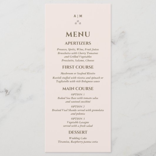 Elegant Beige Roze Monogram Parel Wedding Menu (Voorkant)