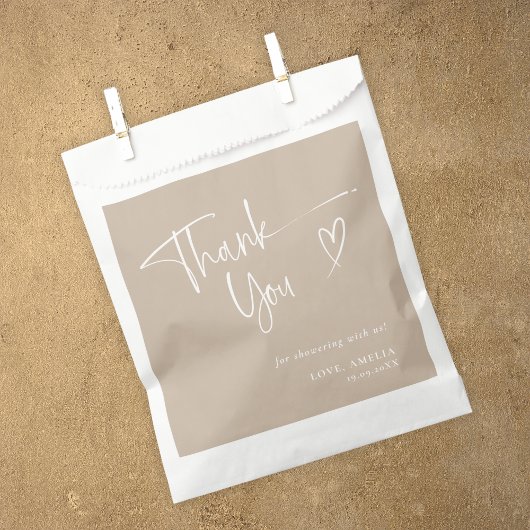 Elegant beige script Dank u Baby shower Bedankzakje