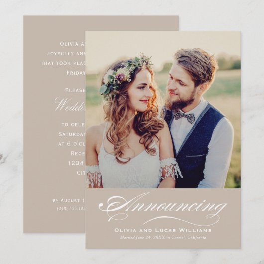 Elegant Beige Script Weddenschap Foto's ontvangen Kaart (Voorkant / Achterkant)