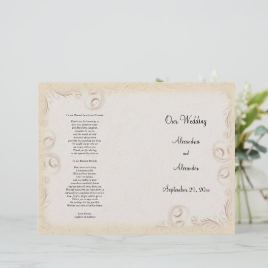 Elegant Beige Scrollwork Wedding Programme (Staand voorkant)