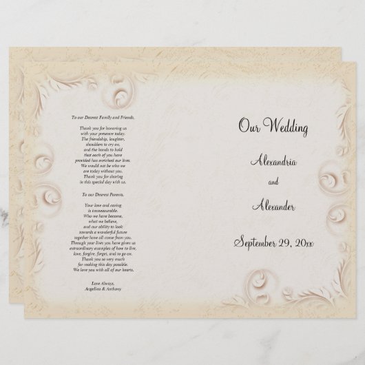Elegant Beige Scrollwork Wedding Programme (Voorkant / Achterkant)