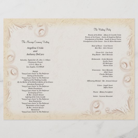 Elegant Beige Scrollwork Wedding Programme (Achterkant)