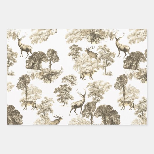 Elegant  Beige Sepia Deer Fox Country Toile Inpakpapier Vel (Voorkant 3)
