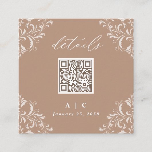 Elegant Beige Taupe QR Code Weddenschap Details Informatiekaartje (Voorkant)